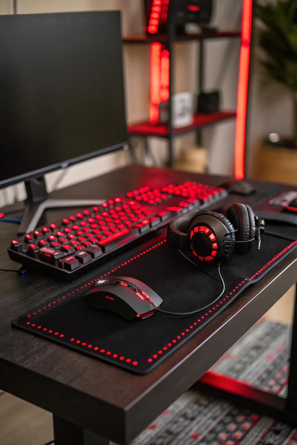 Warm red LED lights cast over a black gaming desk enhance the overall vibe.