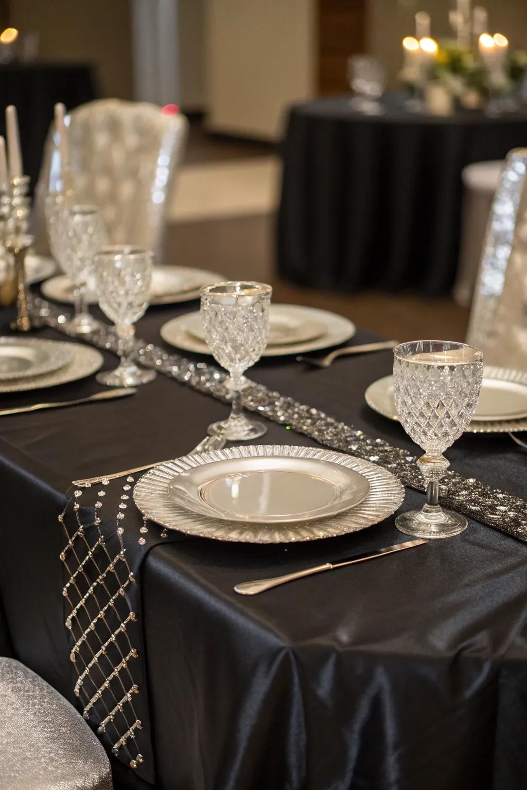 An elegant table arrangement featuring accents in coal and shimmer.
