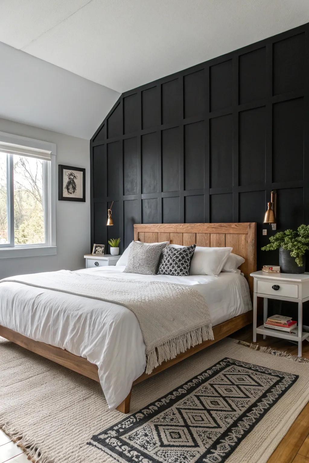 A black feature wall infuses character and contrast into any bedroom.