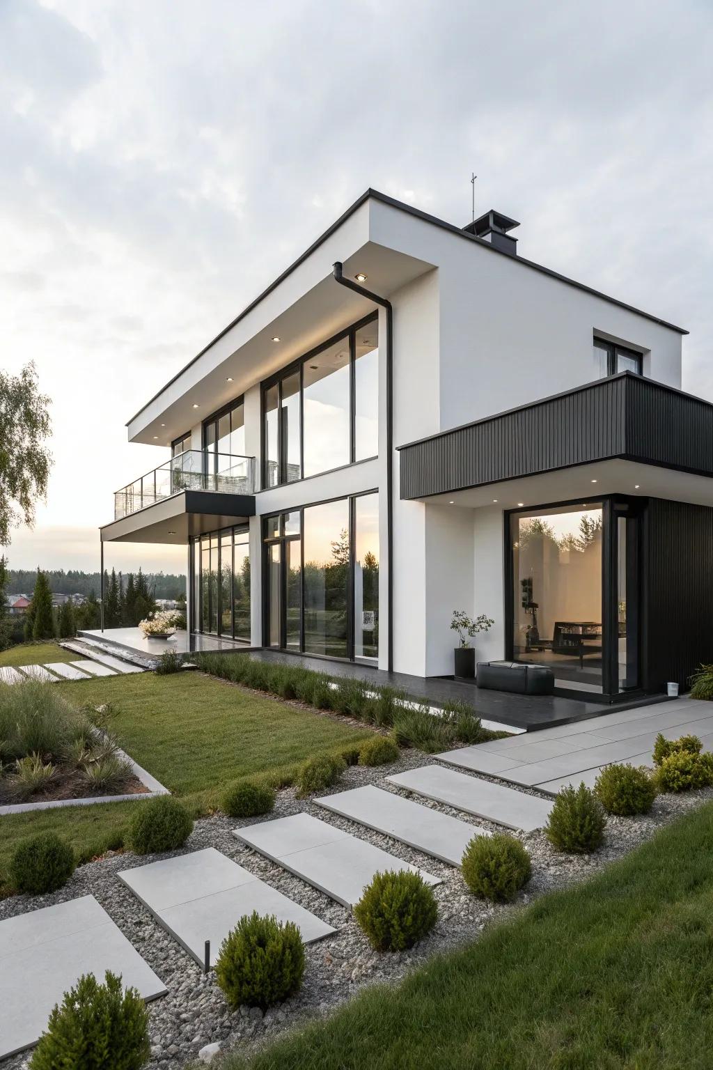 A modern home showcasing a sleek black and white exterior and simplistic landscape design.