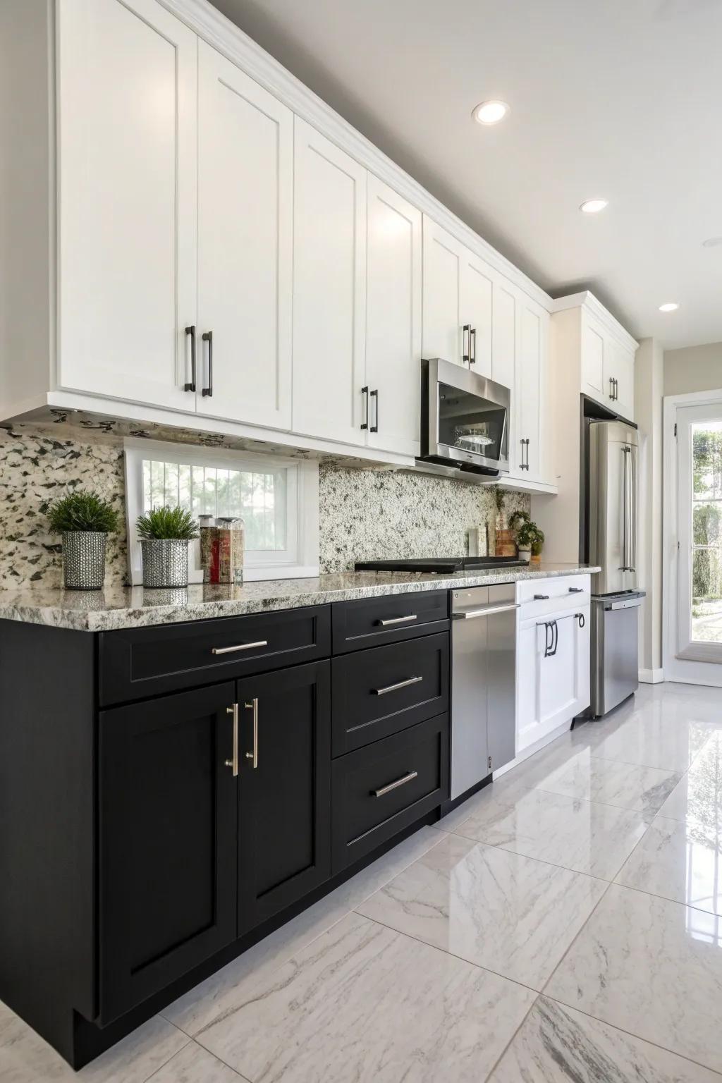 A contemporary kitchen featuring bold black lower cabinets paired with bright white upper cabinets.
