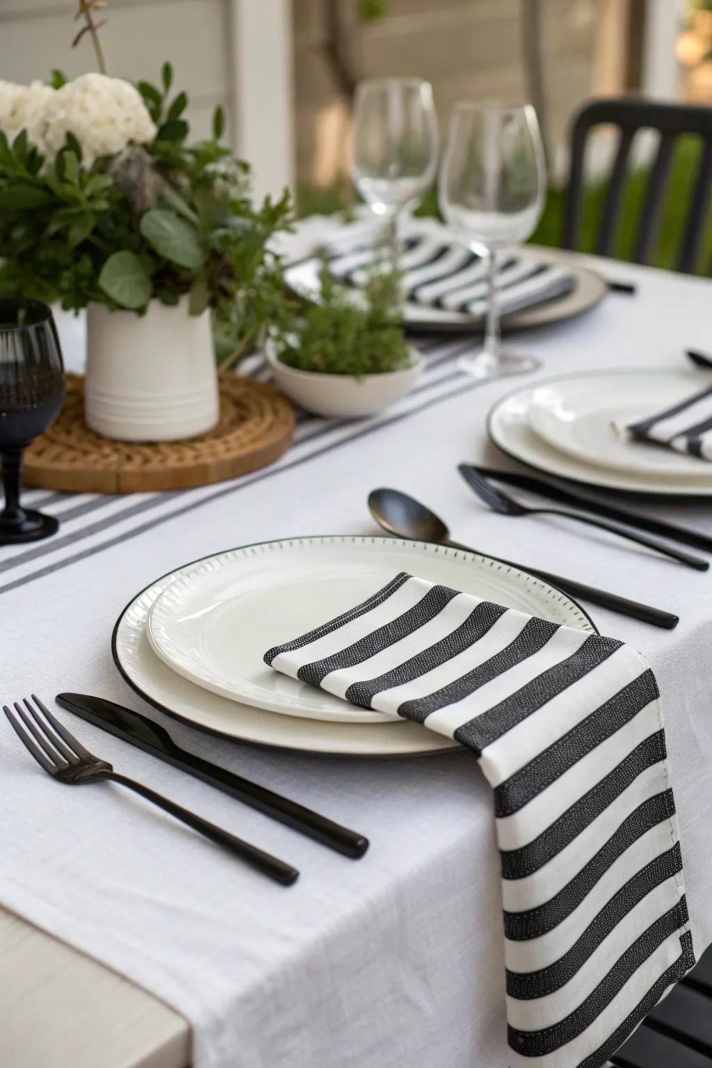 A refined black and white table arrangement perfect for a sophisticated dinner.