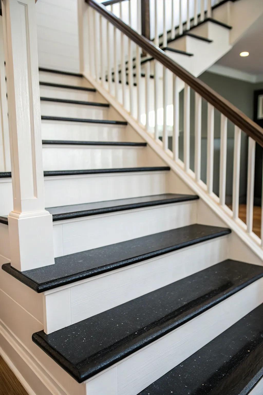 A contemporary staircase featuring black steps and white uprights for a dramatic contrast.