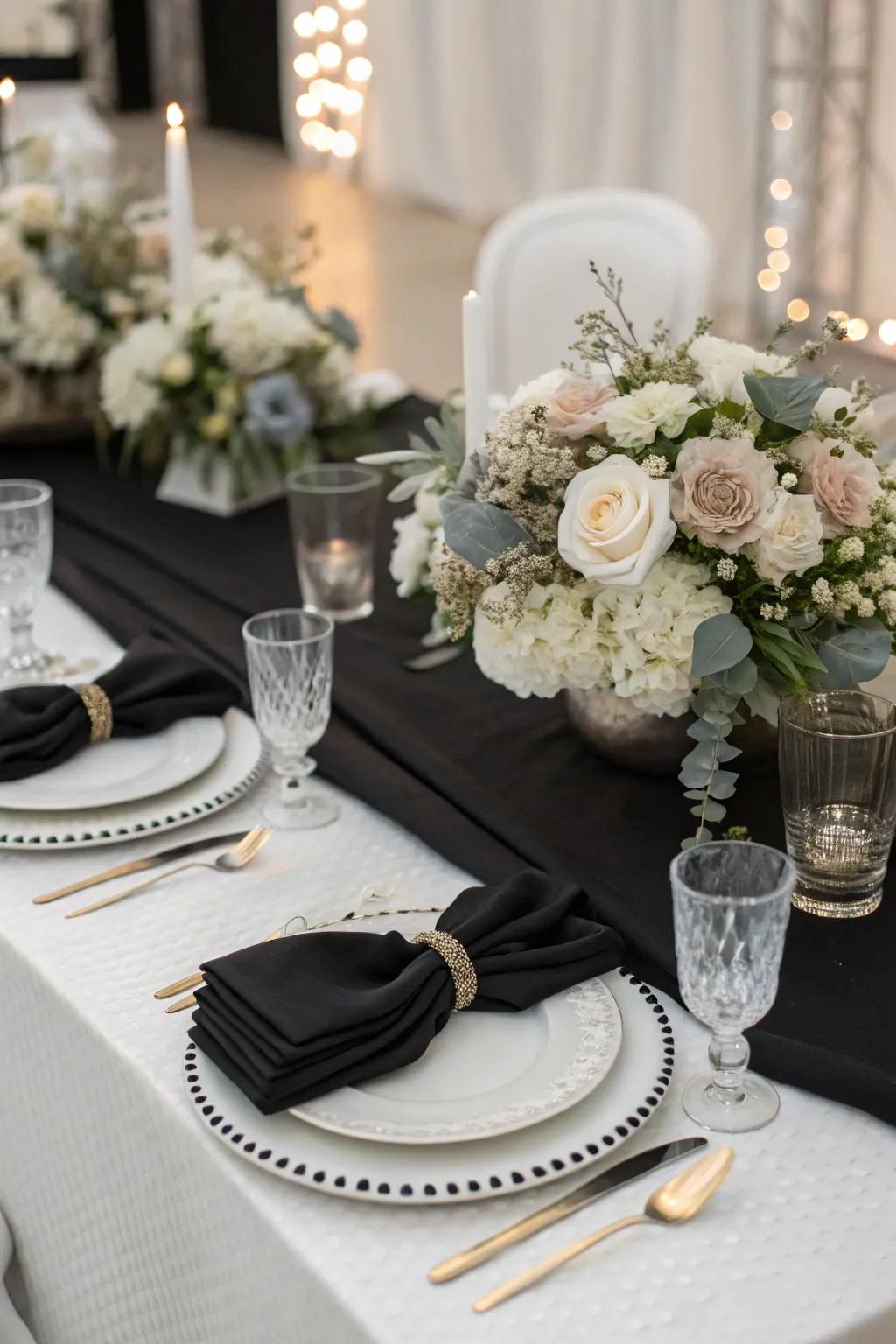 Refined table arrangements incorporating an ebony and ivory palette achieve an enduring charm.