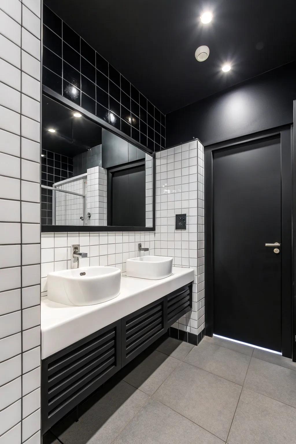 A fusion of dark and light creates a sophisticated and classic bathroom ambiance.
