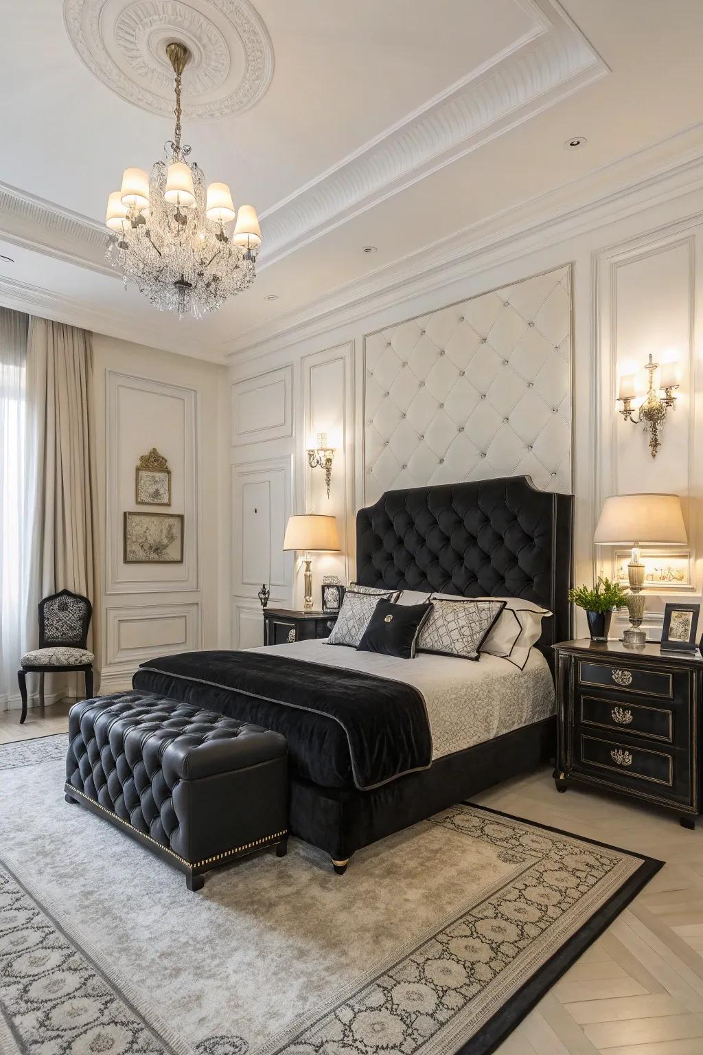 An opulent bedroom showcasing a striking dark and light-toned theme.
