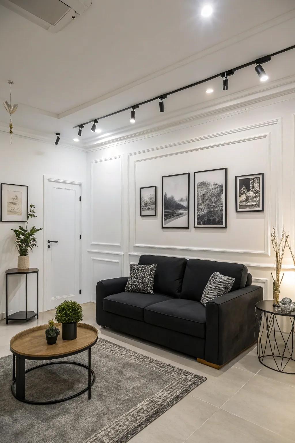 Minimalist elegance defined by a dark-toned sofa and monochrome décor.