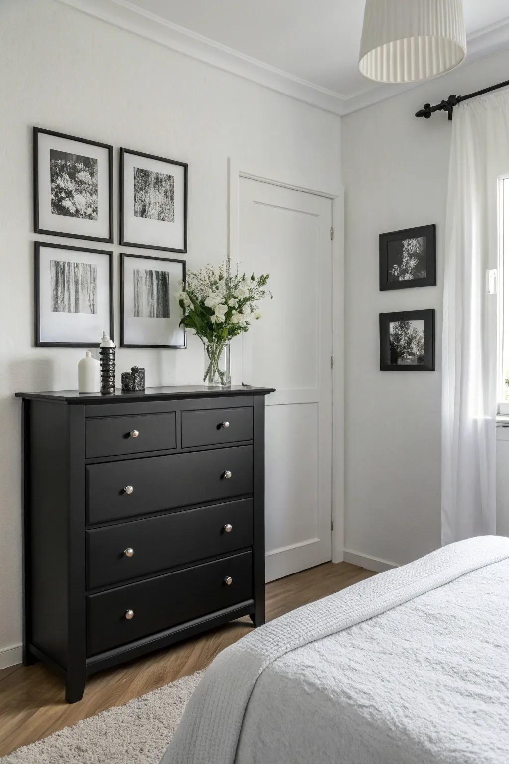 A minimalist bedroom with a black dresser as the centerpiece.