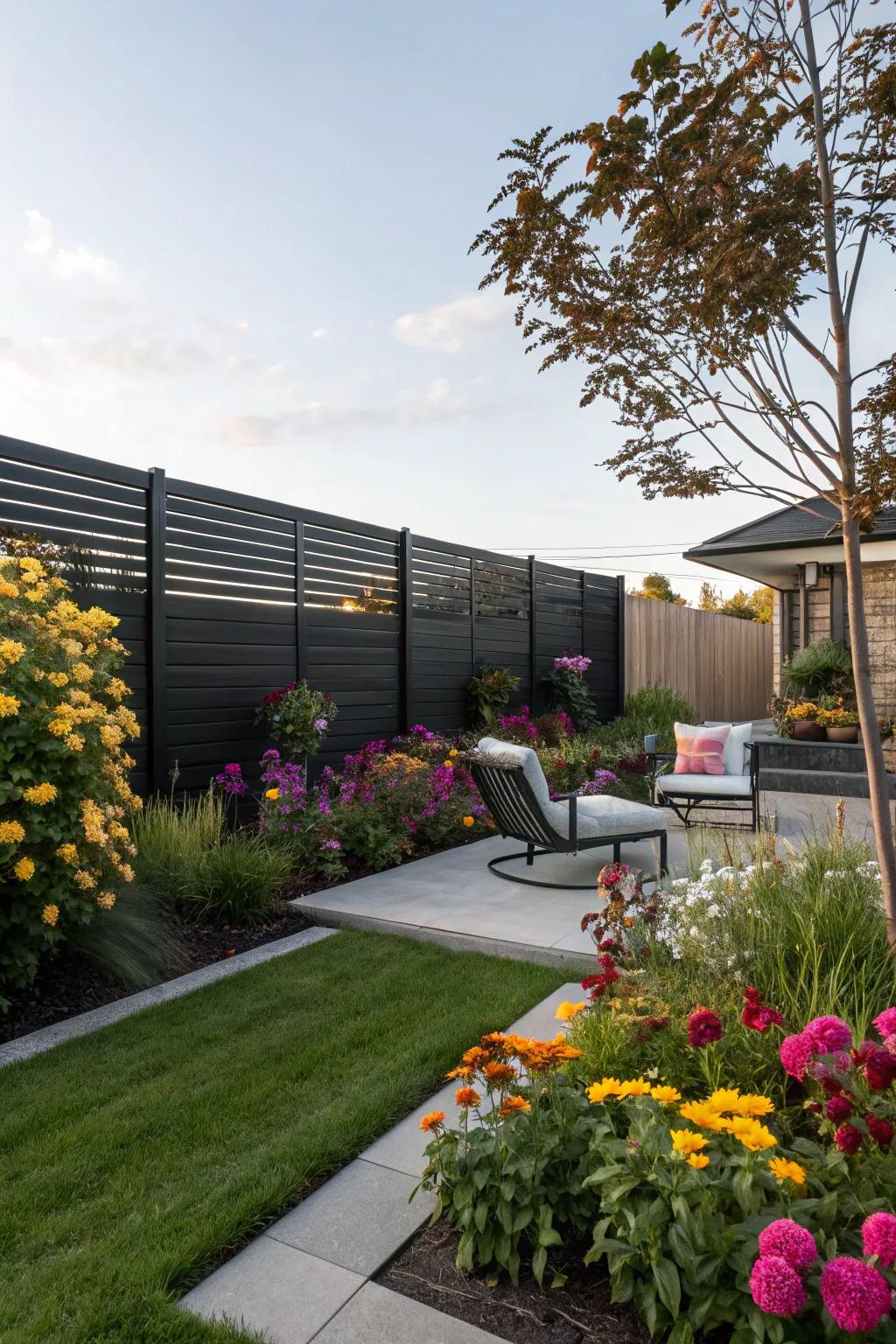 A stylish black fence with horizontal lines forms a captivating contrast against vibrant garden blossoms.