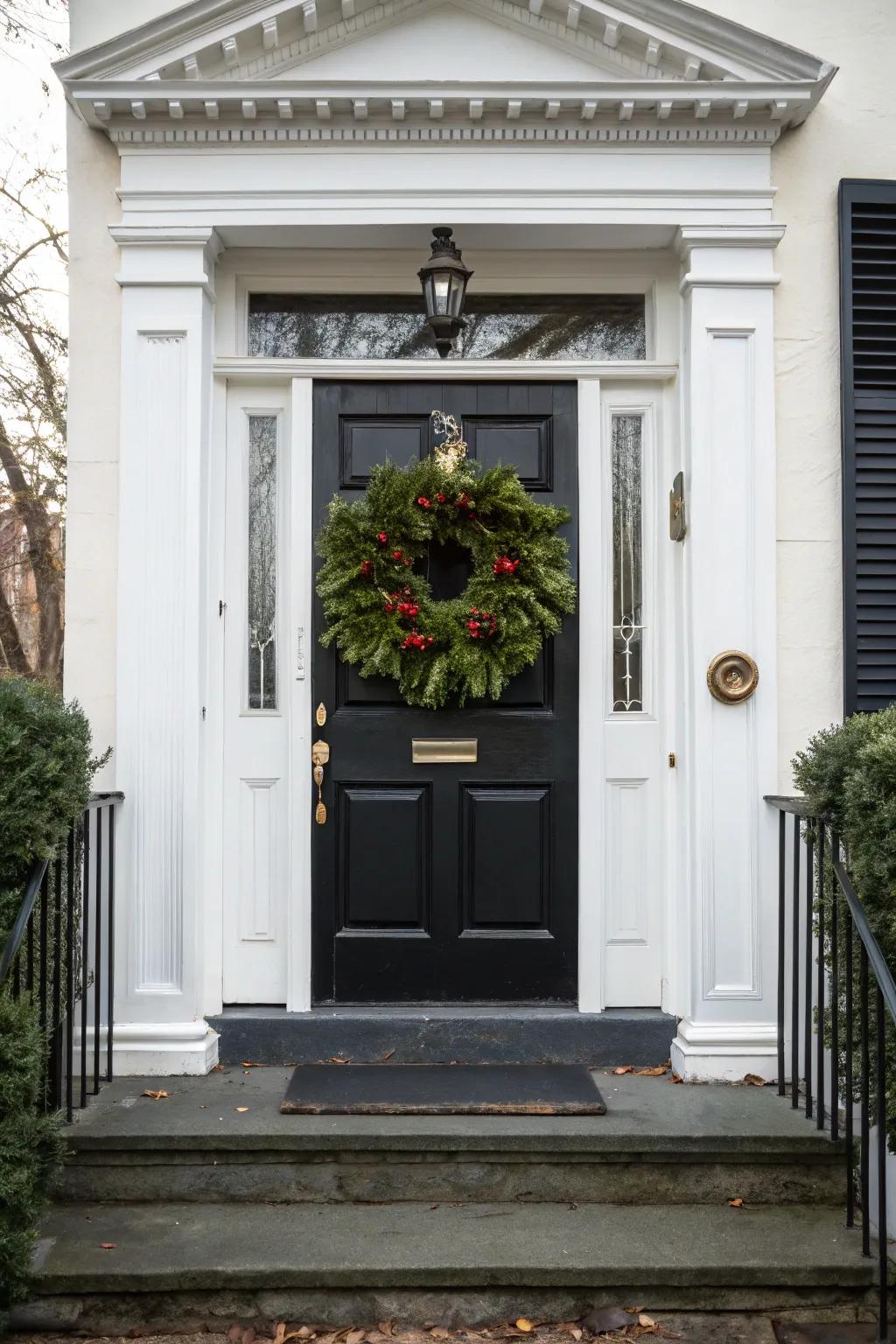 A timeless dark-toned entrance transformed into an inviting space with a stunning seasonal wreath.