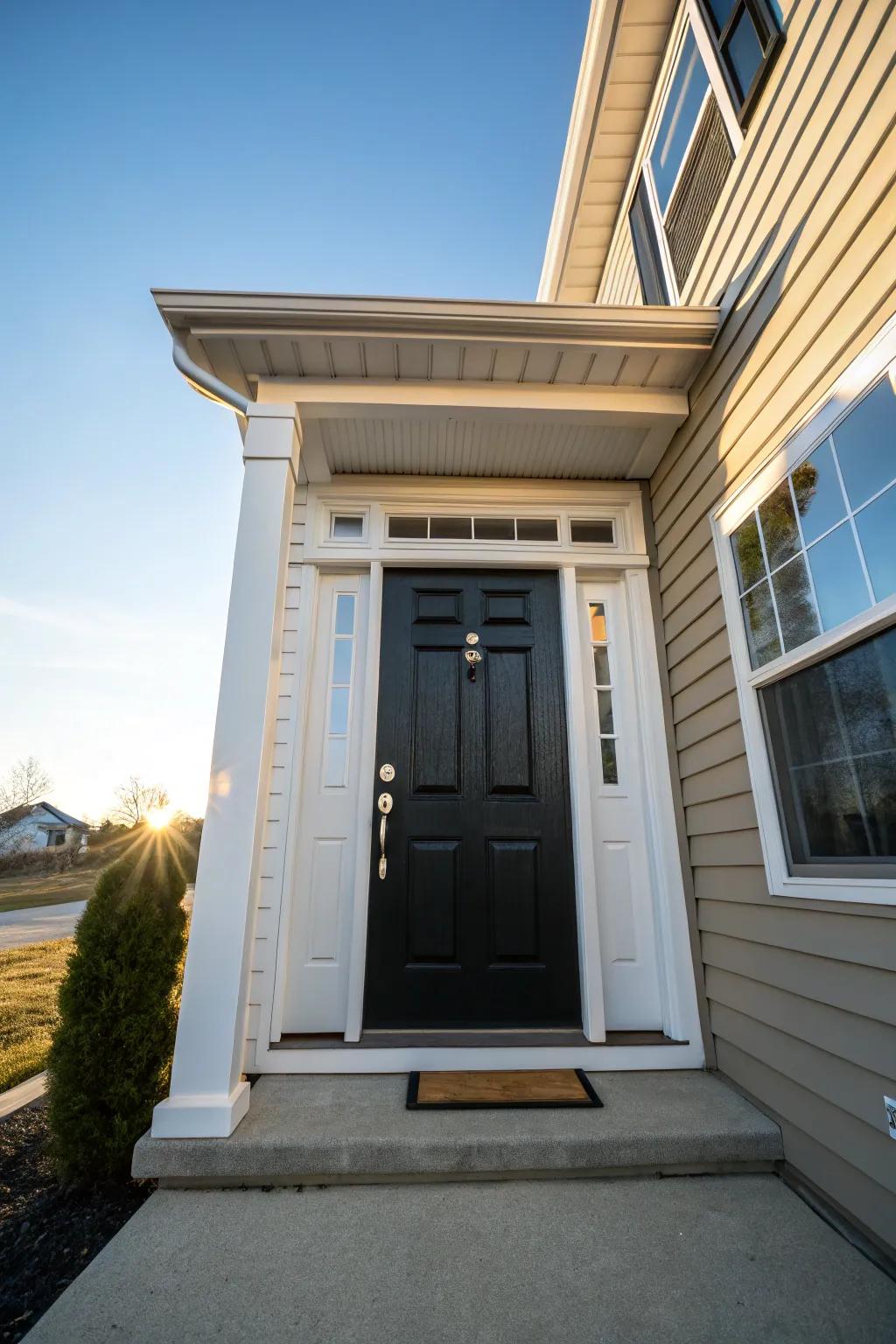 A stunning black door with white trim creates a bold statement against neutral siding.