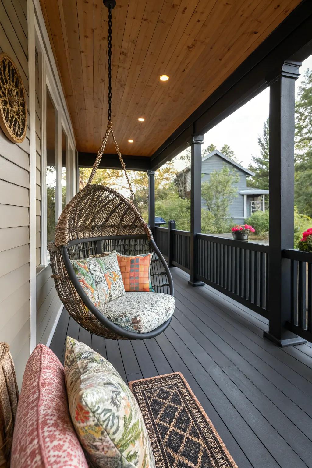 A cozy seating nook on a black porch, showcasing a hanging chair and lively cushions.