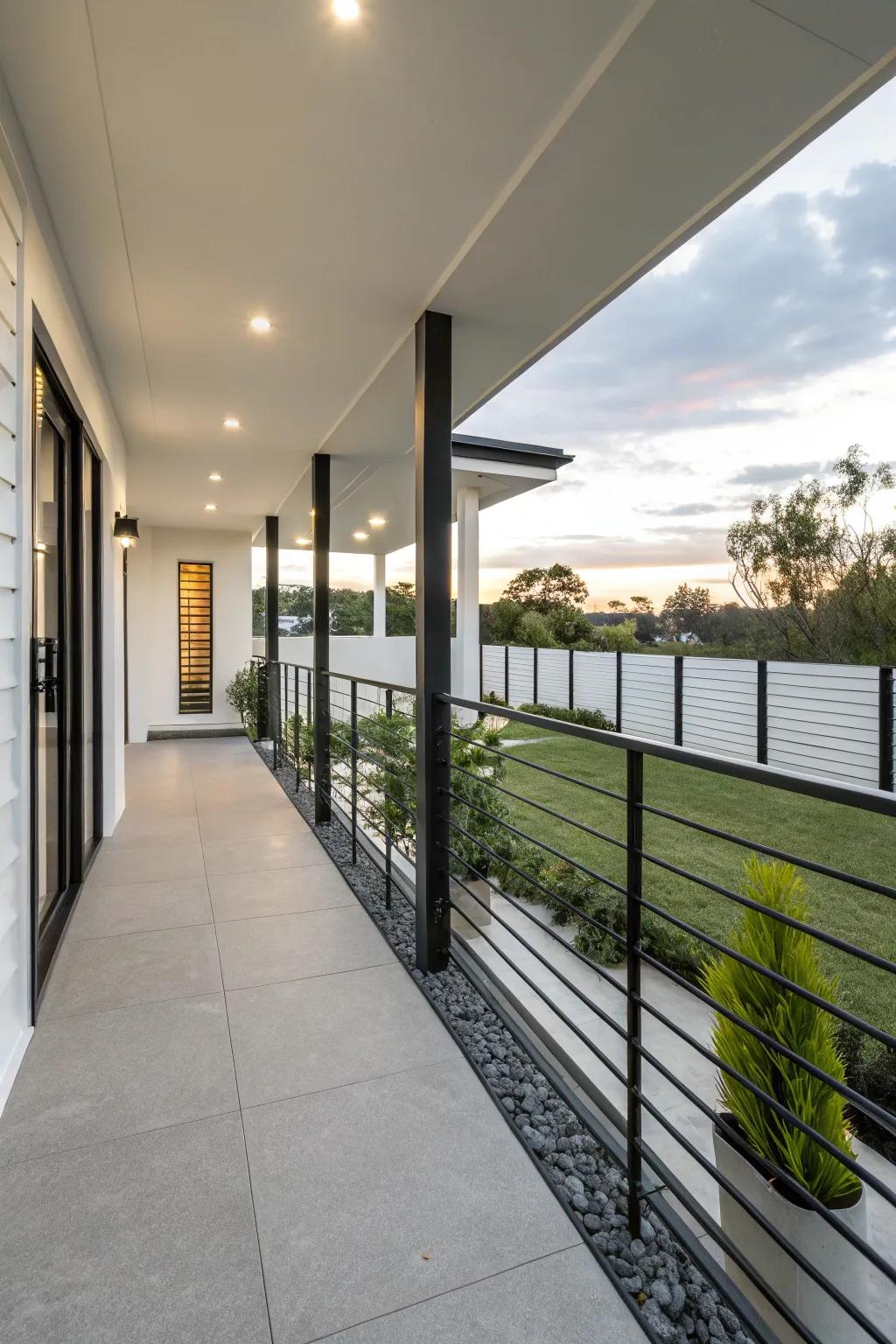 A minimalist black railing introduces a sleek element to any contemporary porch.