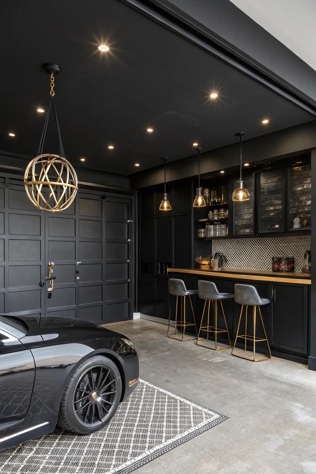 Dark walls introduce striking style to this modern garage.