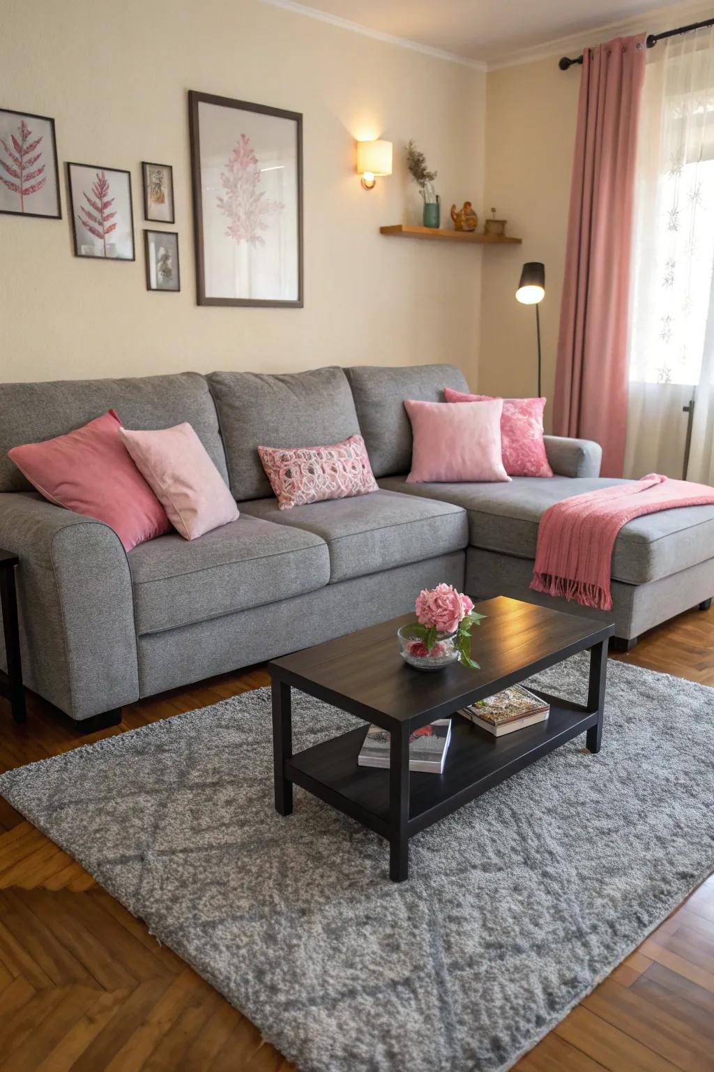 A gray sectional complemented by pink cushions provides a harmonious and inviting atmosphere.