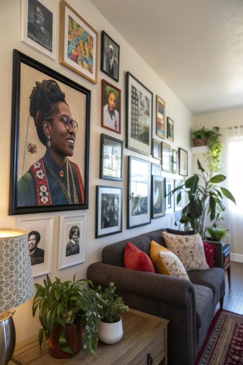 A gallery wall filled with influential figures and their notable quotes.