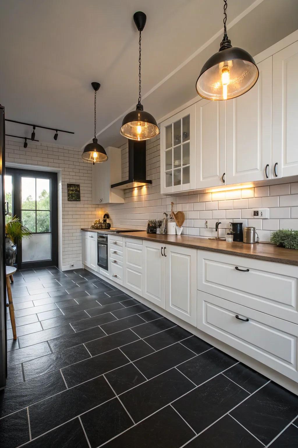 A kitchen showcasing the striking contrast of jet floors with alabaster cabinetry.