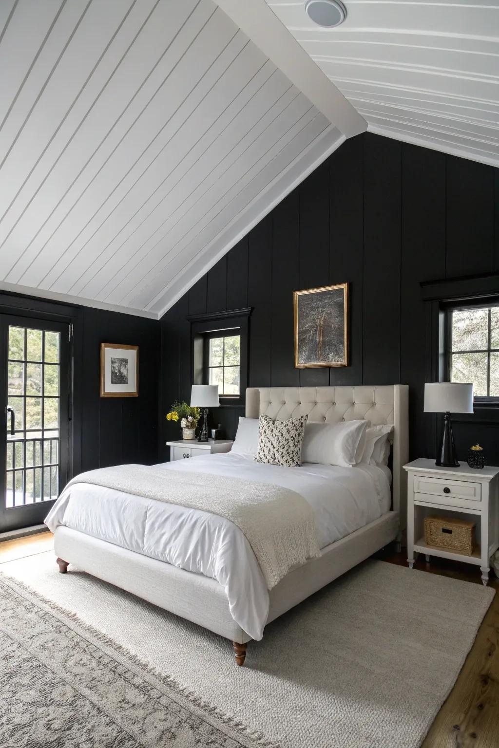 Dark painted walls craft a theatrical setting for your primary bedroom.