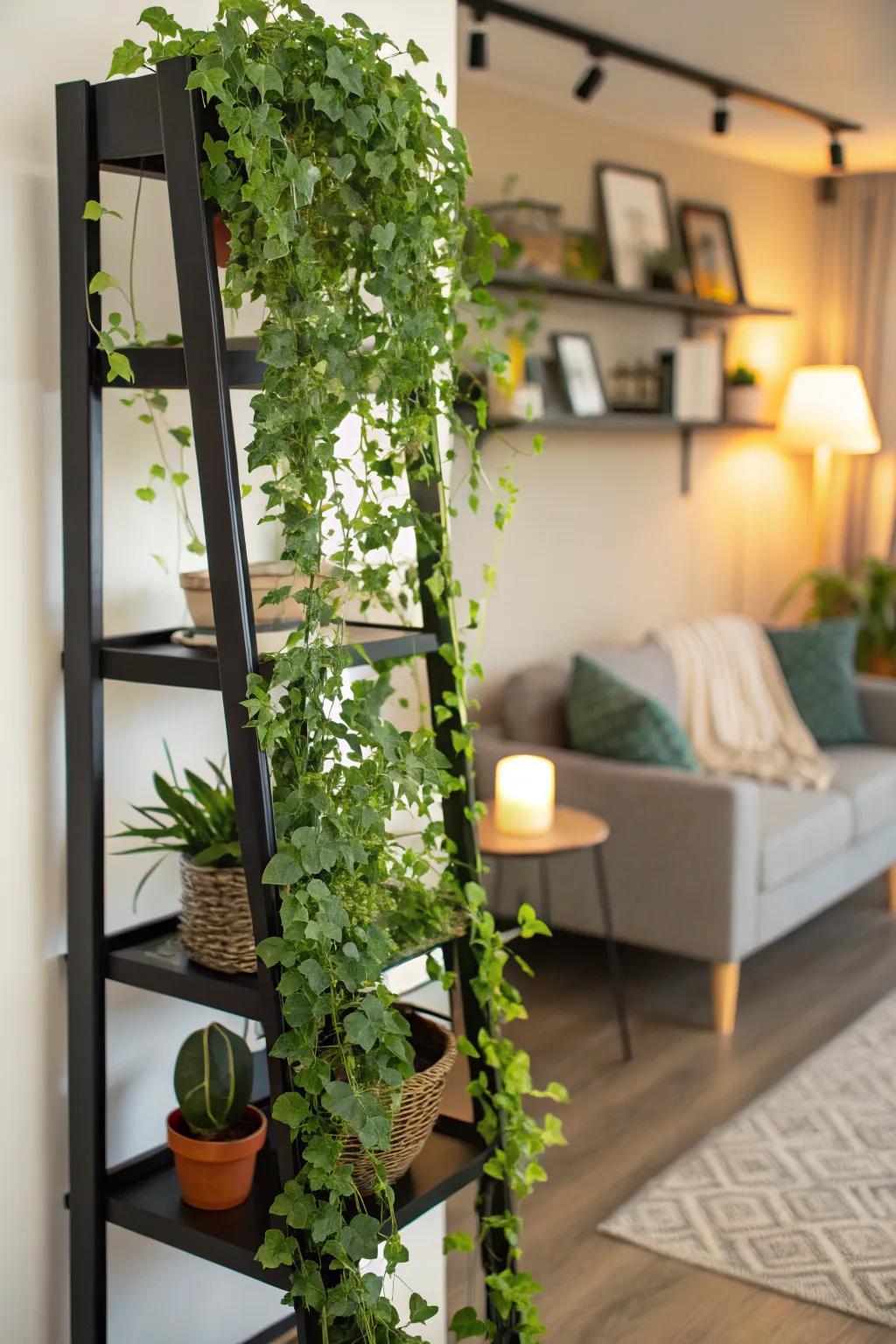Lush plants draped across a dark shelf, delivering a vibrant, dynamic contrast.