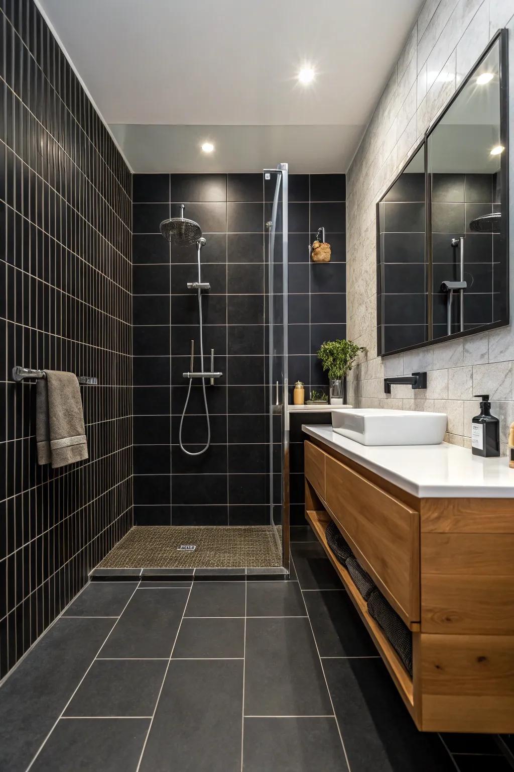 Dramatic dark ceramics establish a sophisticated shower atmosphere.