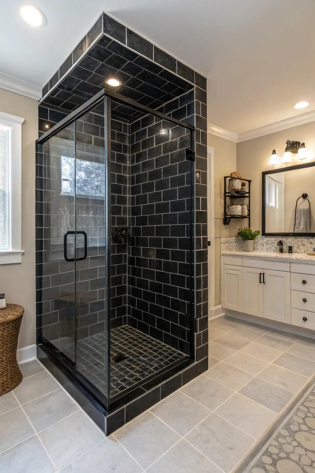A striking all-black shower enclosure with matte tiles for a seamless look.