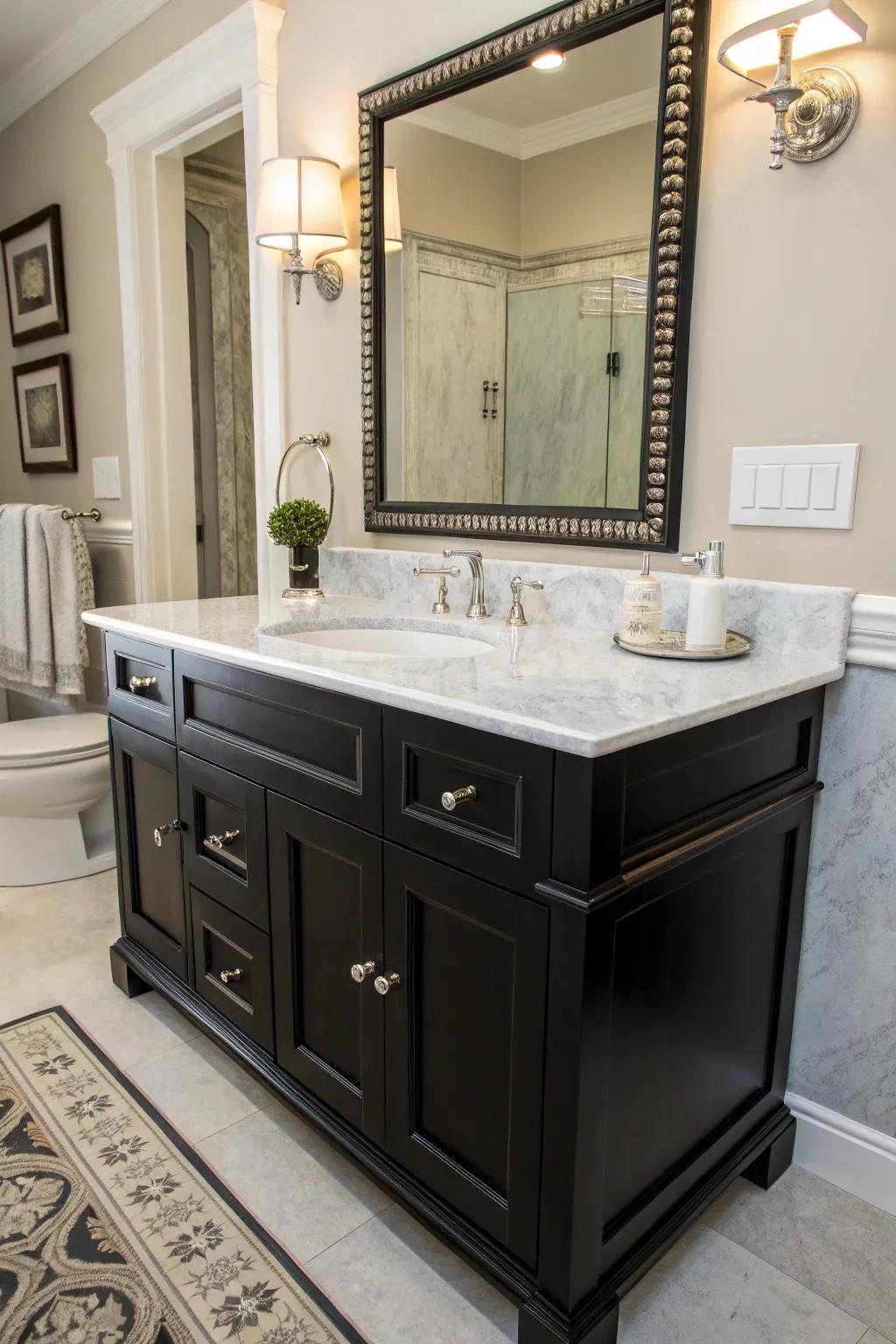 The forever stylish combo of dark and white makes a bathroom feel put-together and chic.