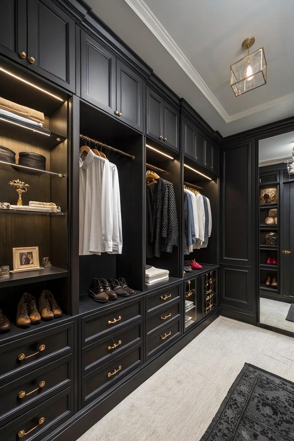 A walk-in closet leveraging a deep shade to accentuate individual fashion.
