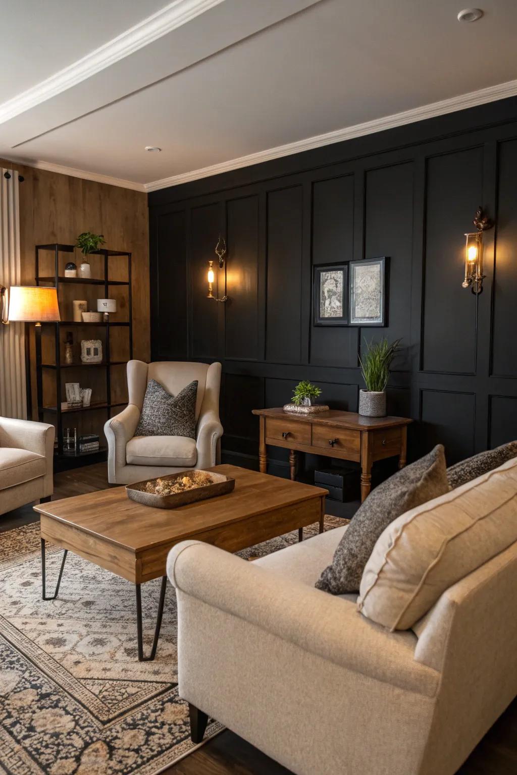 A comfortable living room featuring a prominent shadowy accent wall.