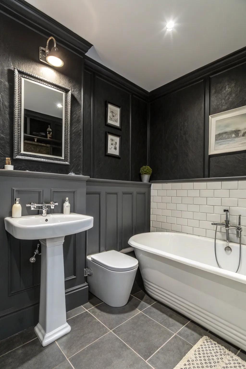 Striking black walls contribute dimension and opulence to this contemporary bathroom.