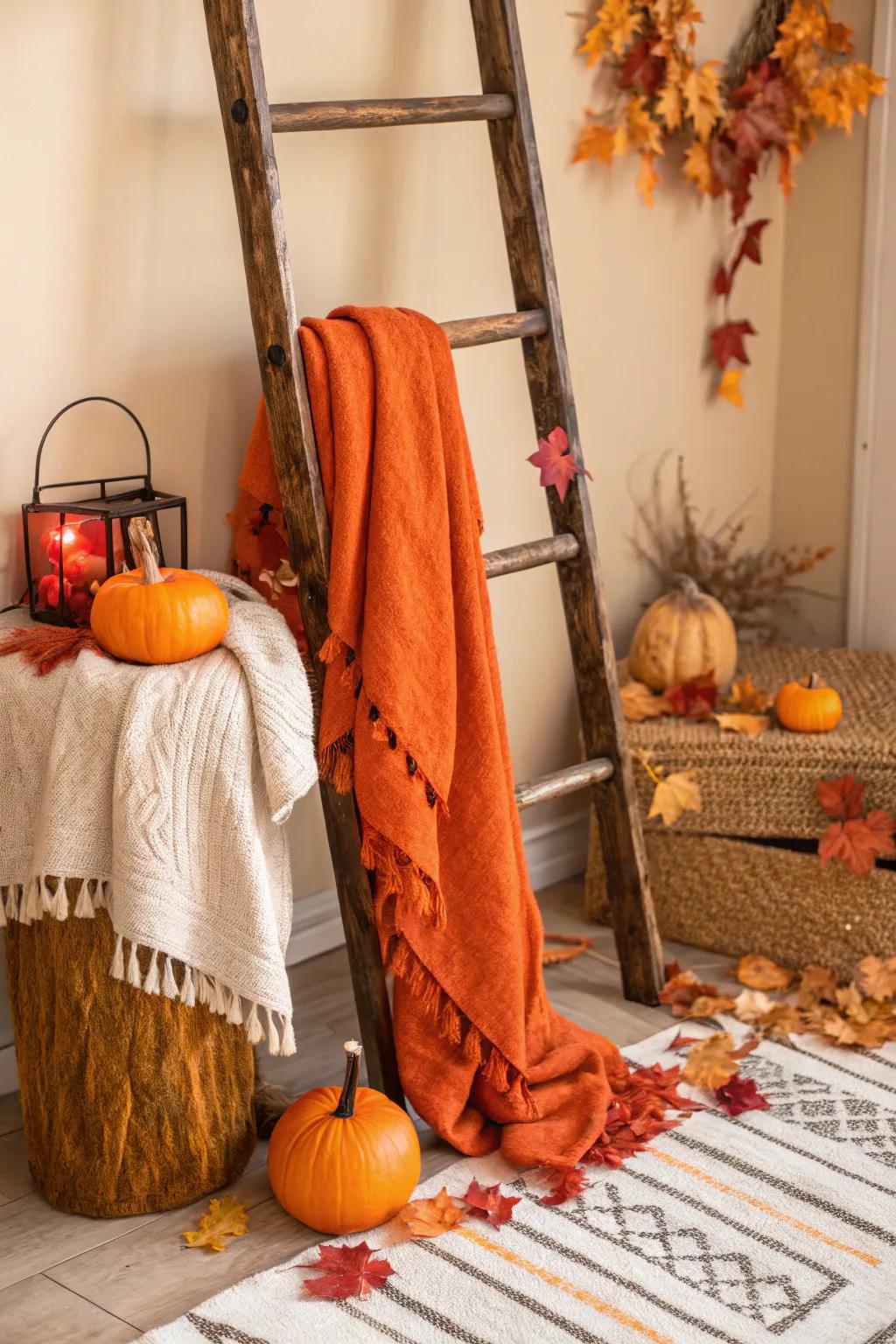 Seasonal accents on a blanket ladder bring the charm of fall indoors.