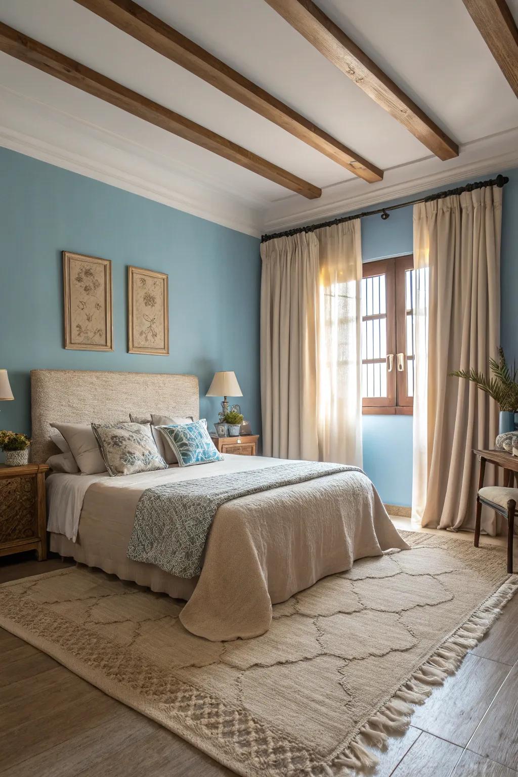 Azure walls combined with beige accents form a tranquil, beach-inspired escape.