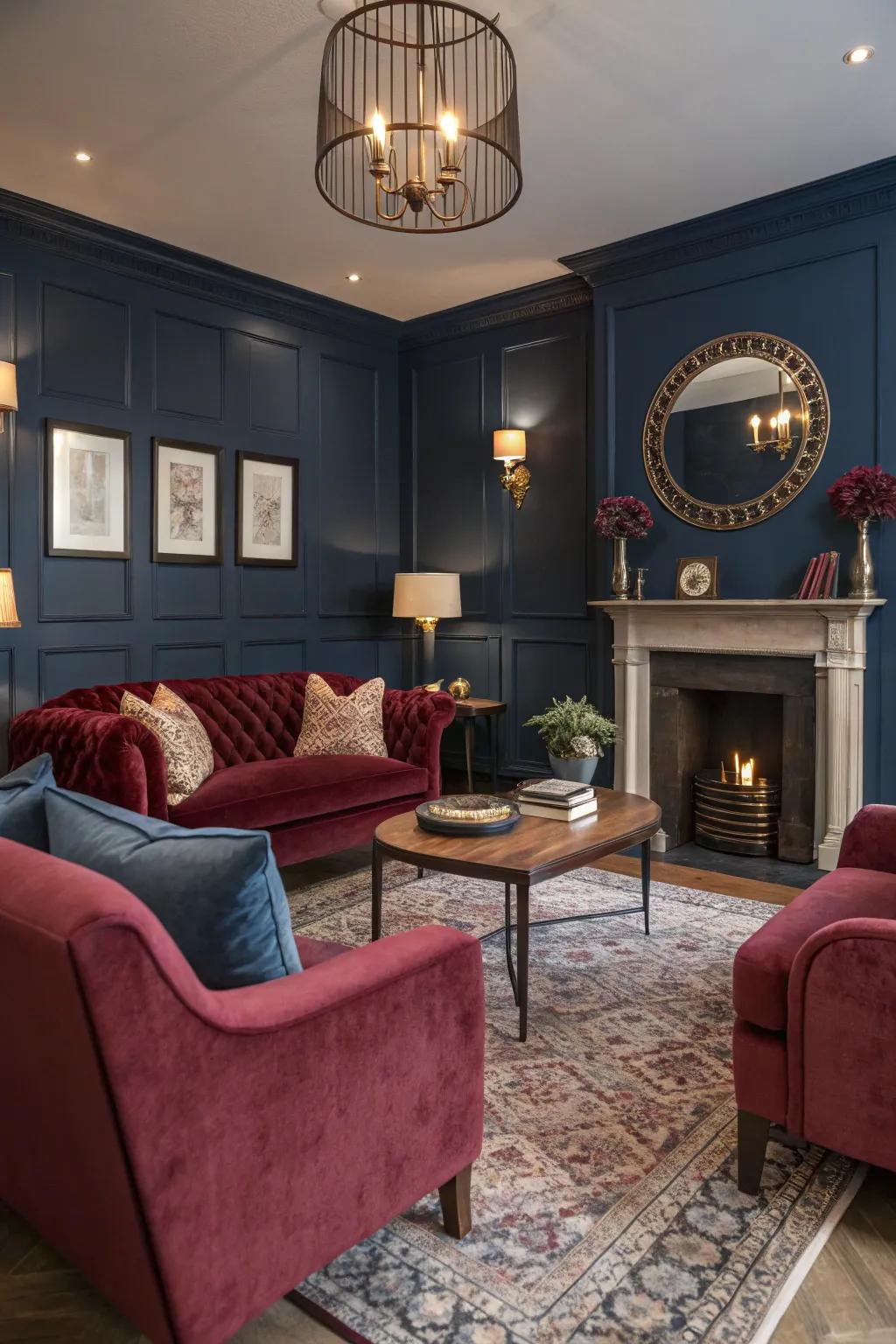 Indigo walls alongside crimson furnishings craft a rich and welcoming living space.