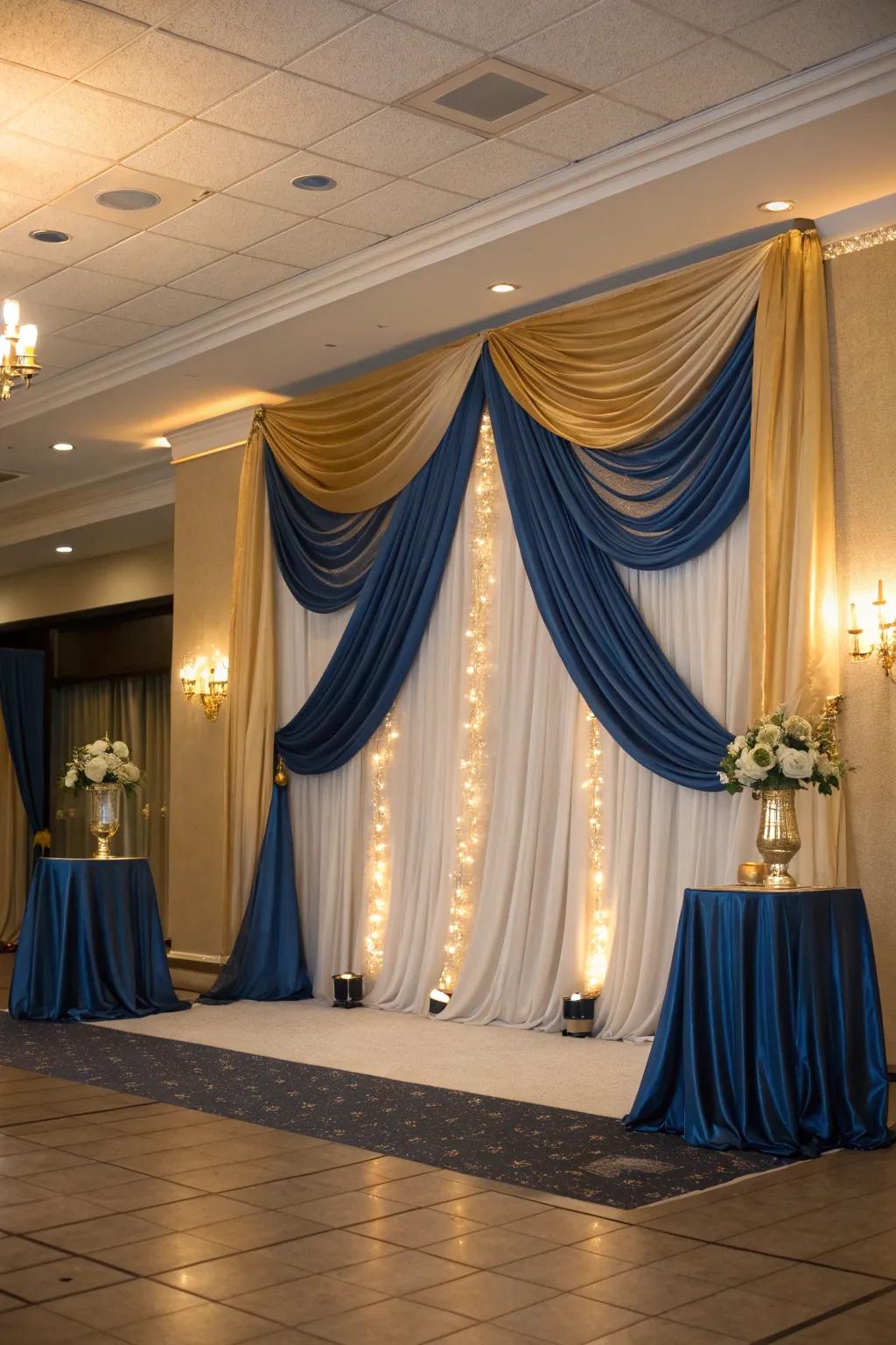 Transform your space with luxurious blue and gold fabric drapes.