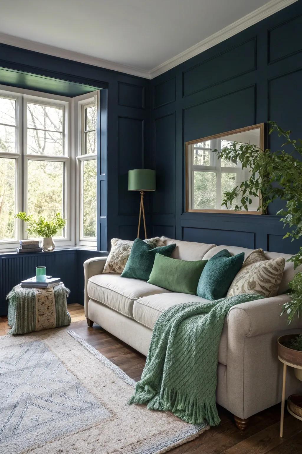 Indigo blue walls construct the foundation for a peaceful and elegant living room.