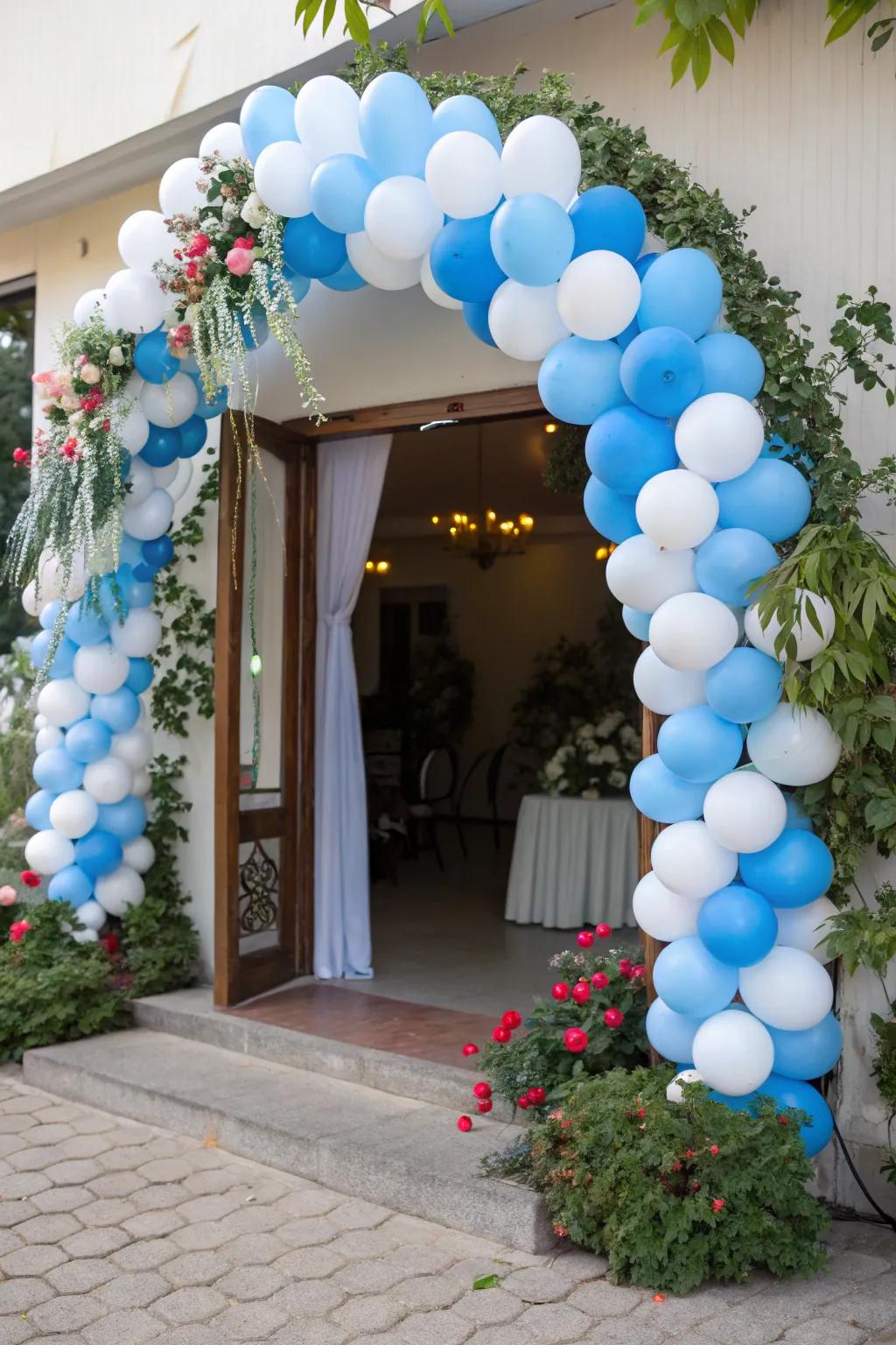 A welcoming blue and white balloon arch immediately sets the stage for your event.