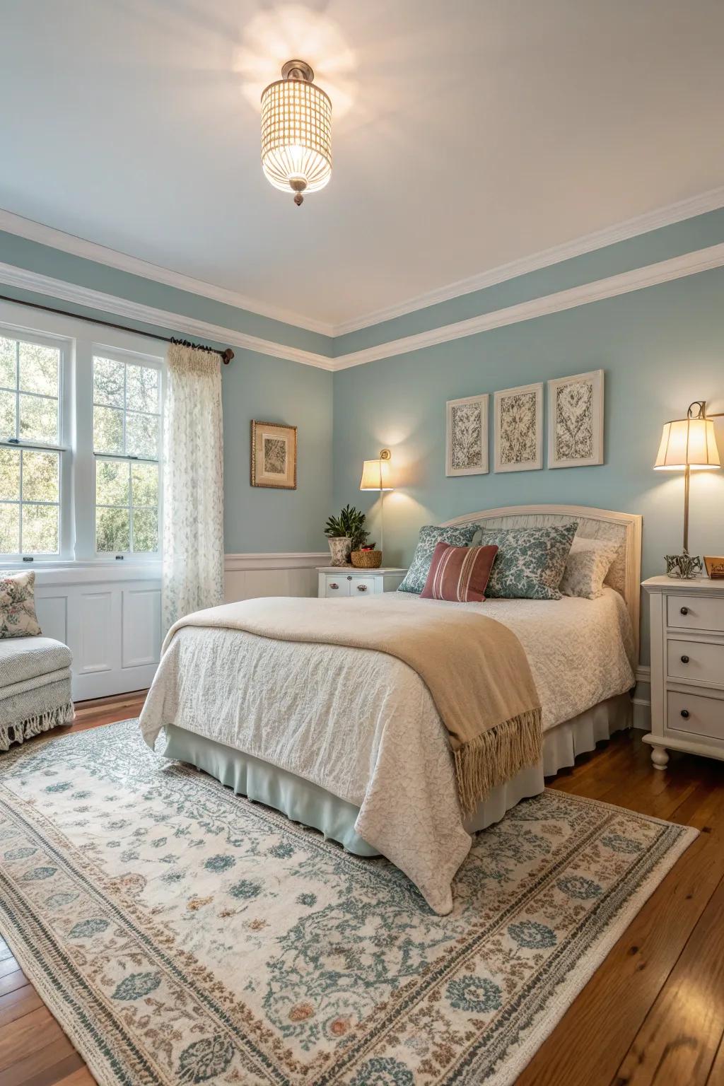 Gentle blue walls in a bedroom create a welcoming and tranquil setting.