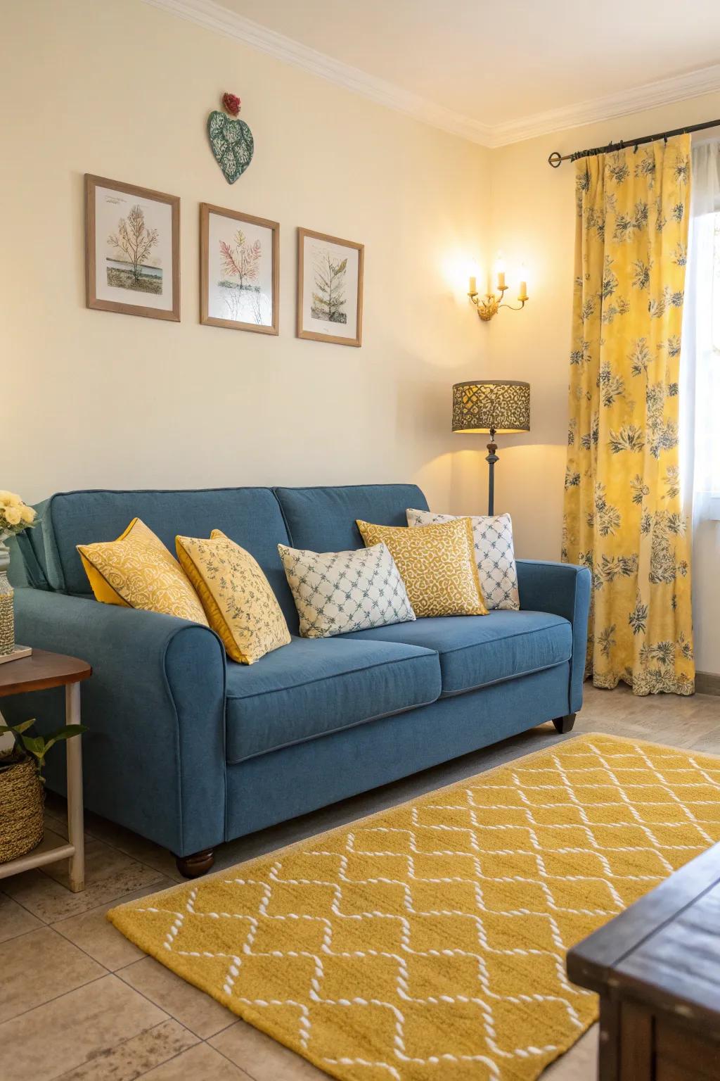 A cozy living room featuring a blue sofa and yellow cushions for a vibrant look.