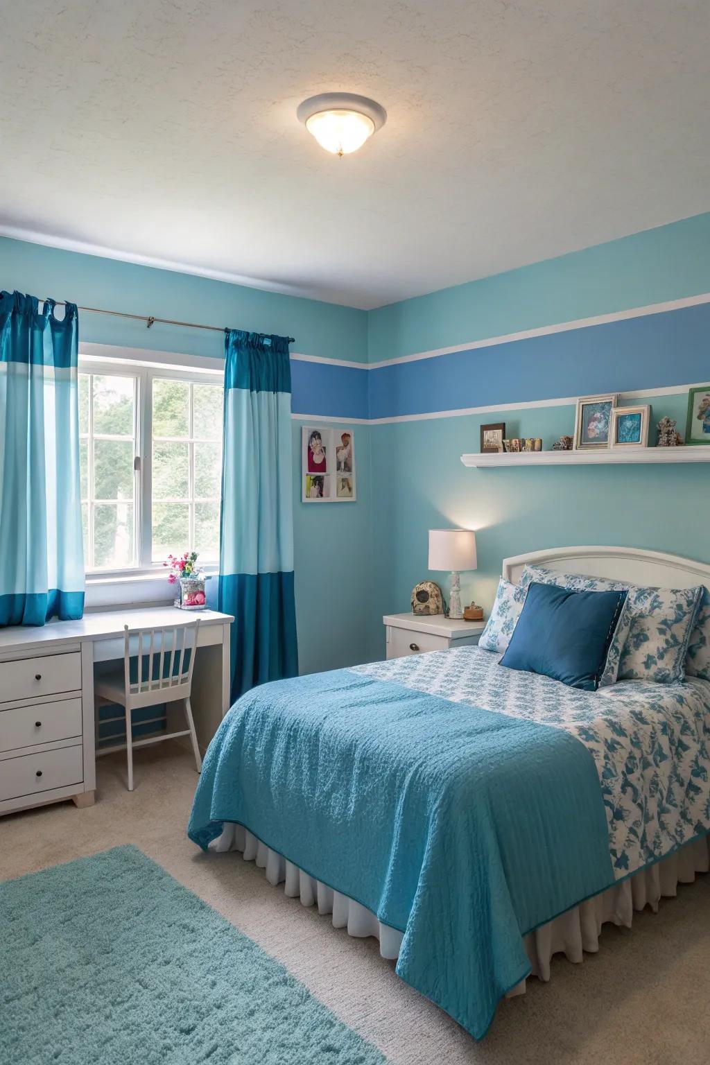 Using different blue shades brings depth and makes a girl's bedroom visually appealing.