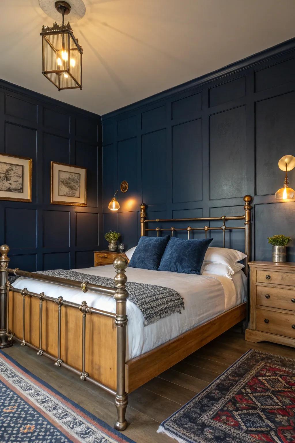 Deep indigo walls evoke a feeling of coziness and sophistication.