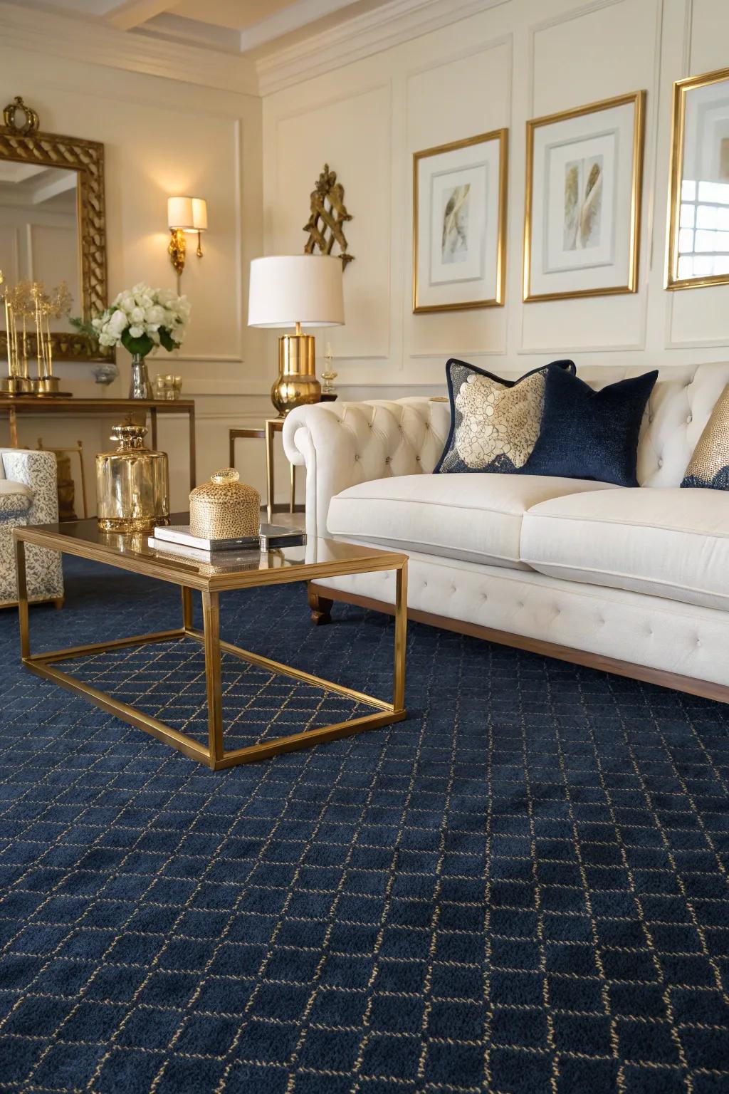 An indigo carpet offers a strong starting point in this stylish lounge.