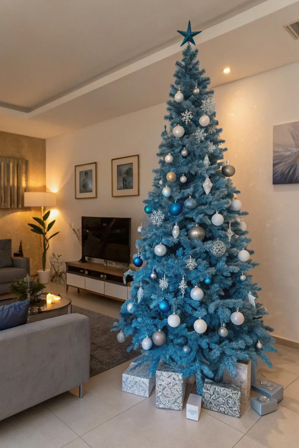 A daring azure Christmas fir crafts a noteworthy declaration piece.