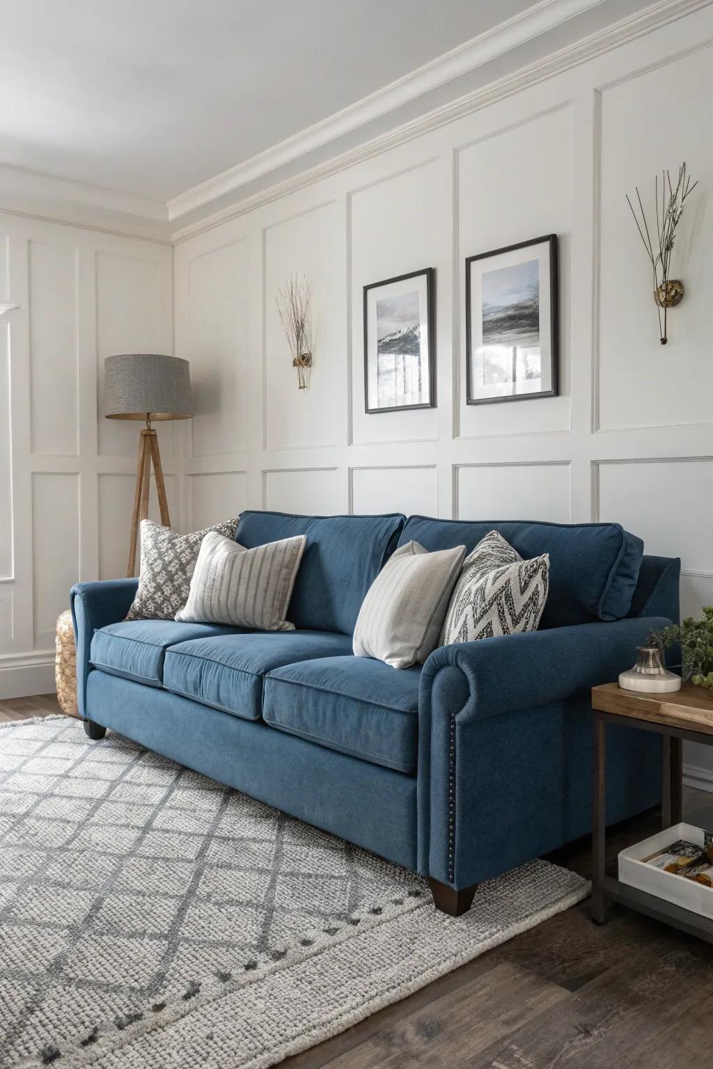 A calming living room featuring a cerulean sofa paired with neutral details.