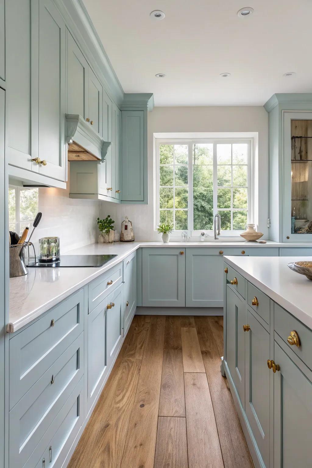 Pale blue cabinets matched with white countertops create a calming and airy kitchen environment.