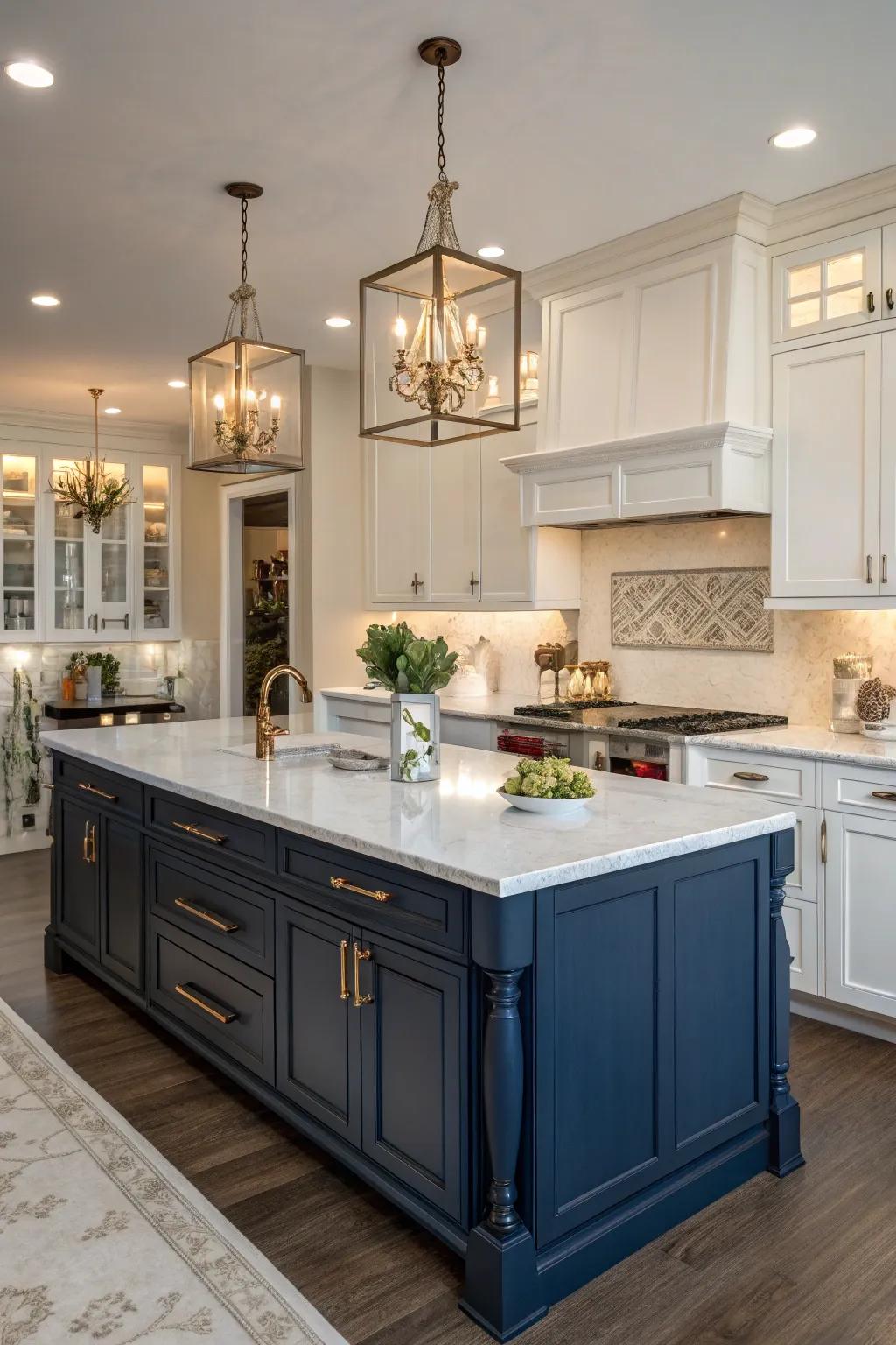 A navy blue island complemented by white cabinets crafts an elegant and timeless kitchen.