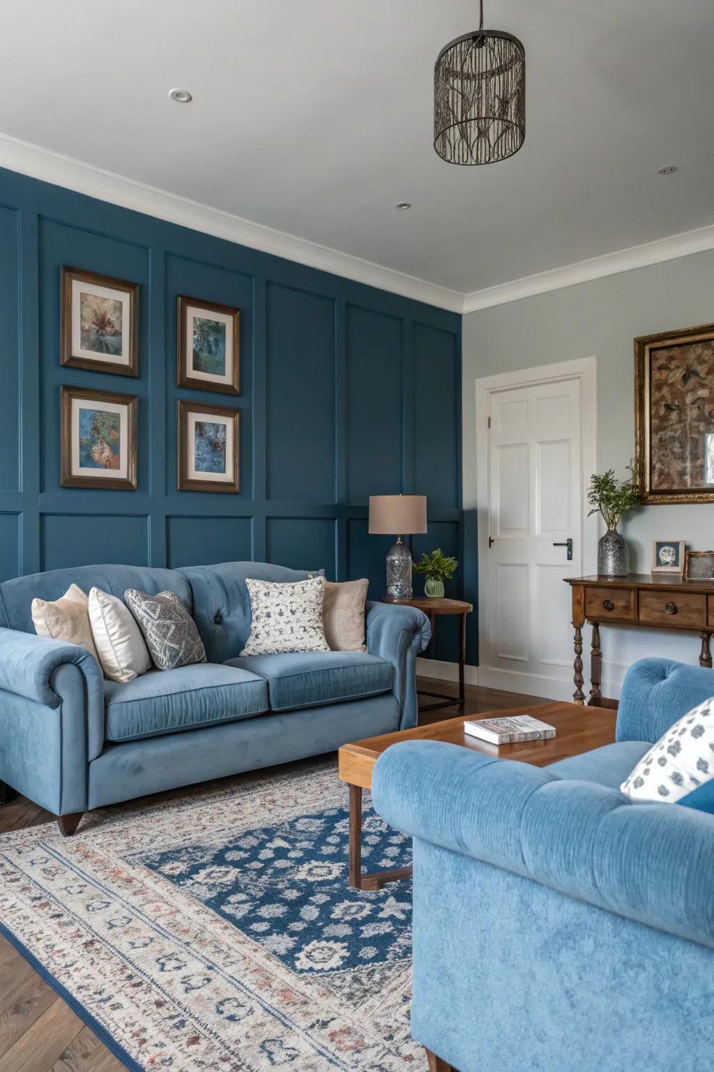 A seamless mix of light and dark blues adds dimension to this living room.