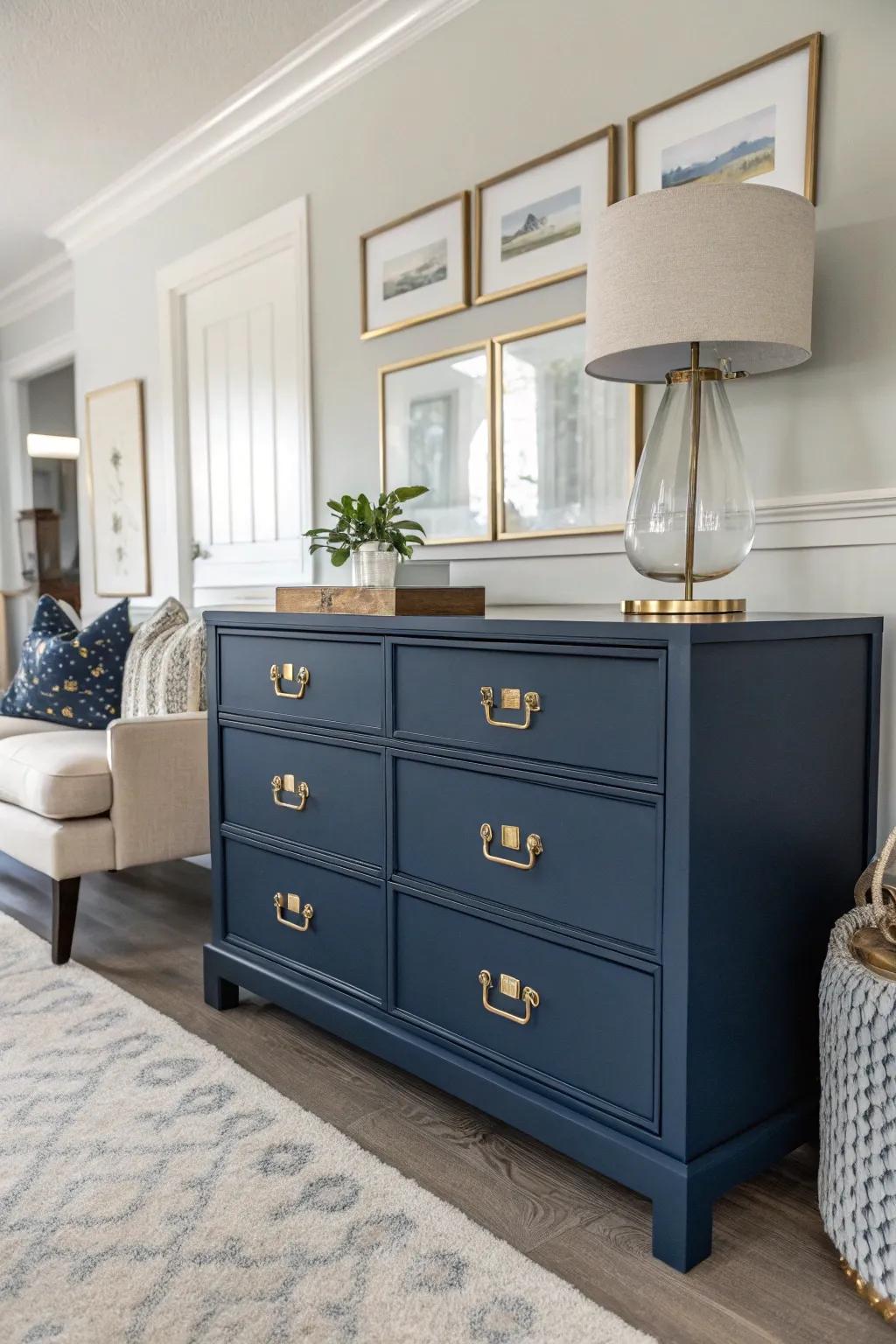 A navy blue dresser styled elegantly in a modern living space.
