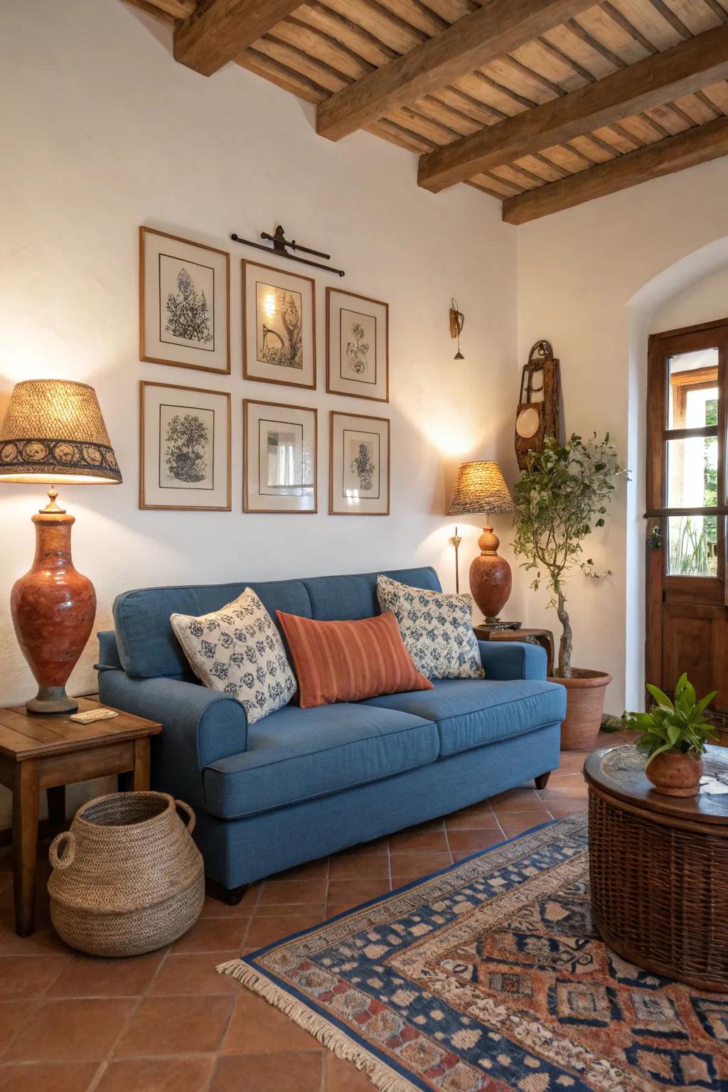 Blend a blue couch with earthy tones for a cozy feel.