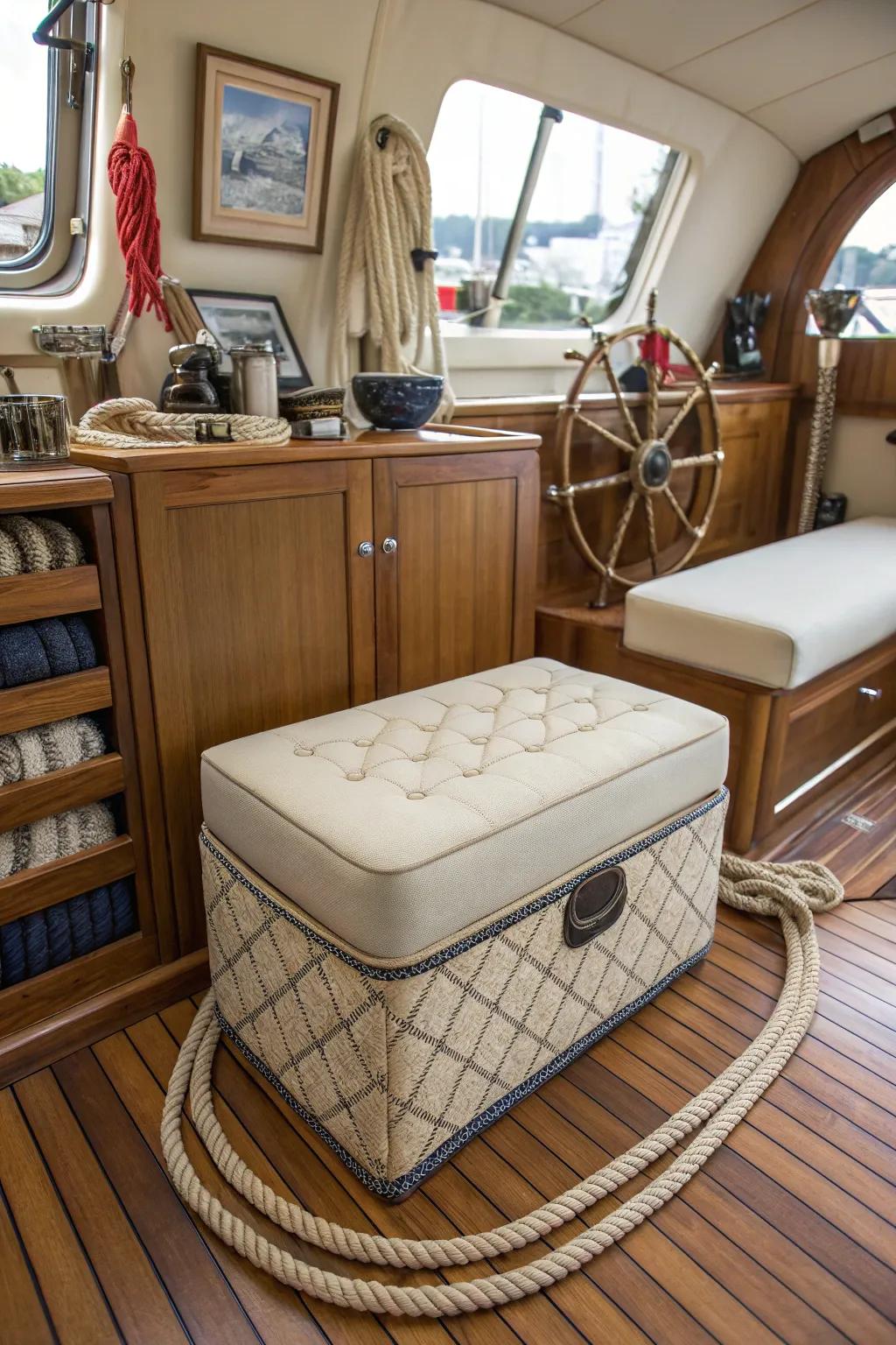 A stylish ottoman with hidden storage in a nautical-themed boat interior.