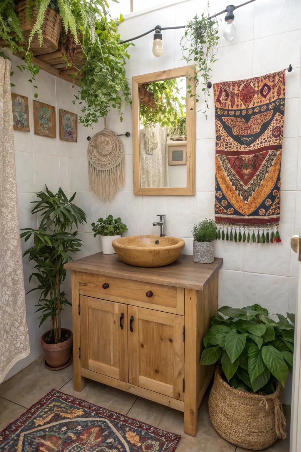 A boho bathroom with a stunning natural wood vanity and lush greenery.