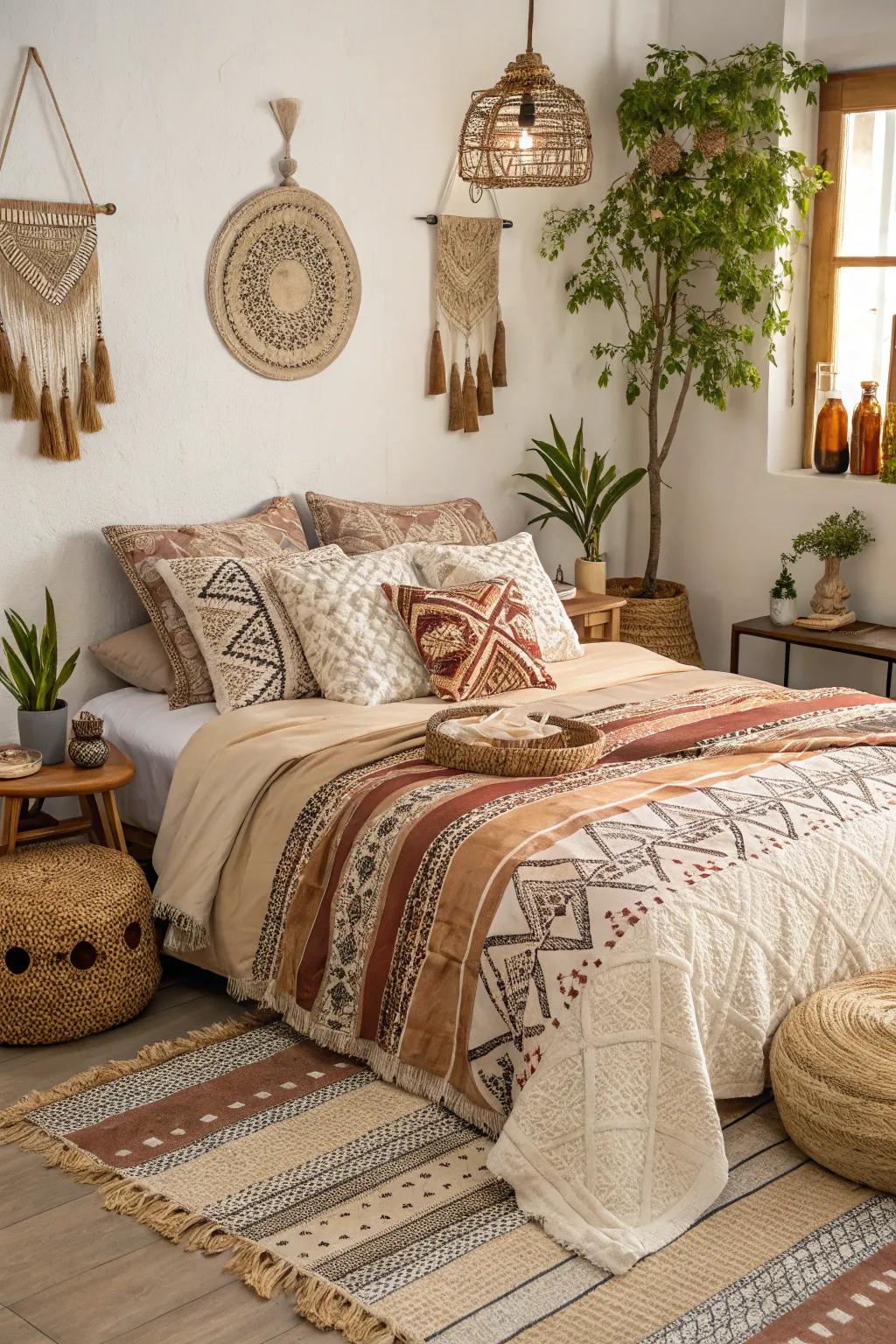 Bedding with texture and nature-inspired colors creates a comforting and attractive boho bedroom.